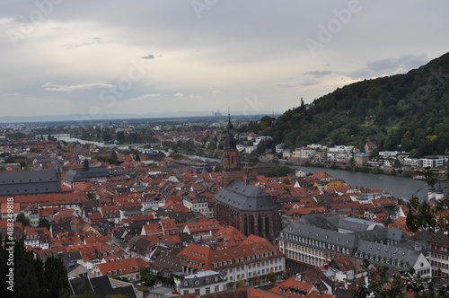 A small ancient town through which the river passes. Beautiful landscape of a European city. top view for postcard.