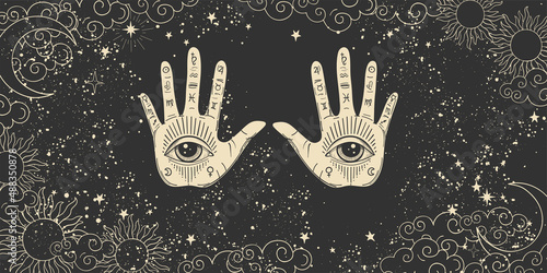 Mystical poster for numerology, astrology and future prediction. Two palms of a hand with an all-seeing eye on a mystical black background with the moon, sun, stars. Vector boho background