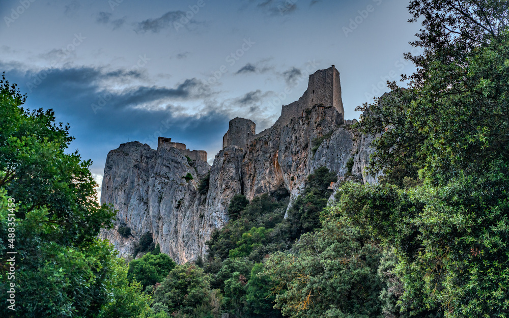 A famous landmark Pryrepertuse Castle ruins in south of France Pyrenees Mountains