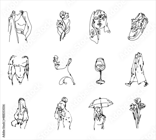Surreal Faces Continuous line drawing. Set of faces and looks, fashion concept, woman beauty minimalist. vector illustration. Vector illustration.