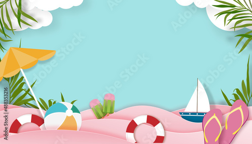 Summer background with beach vacation holiday theme with pink wave layer and copy space,Vector Top view paper cut of tropical summer design, palm leaves and cloud on blue sky background
