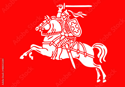 Vytis Lithuania symbol an armored rider on a horse, holding sword raised above his head in his right hand. Shield with a double cross hangs next to the rider's left shoulder. 