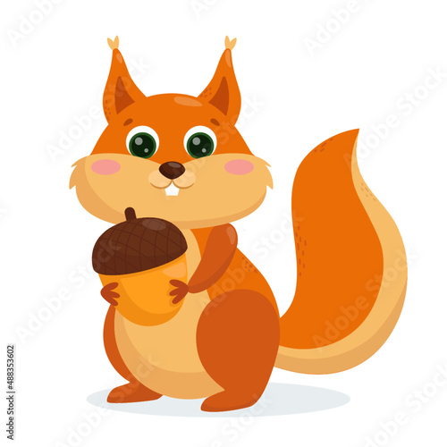 A beautiful cute squirrel is holding an acorn and smiling. Vector illustration.