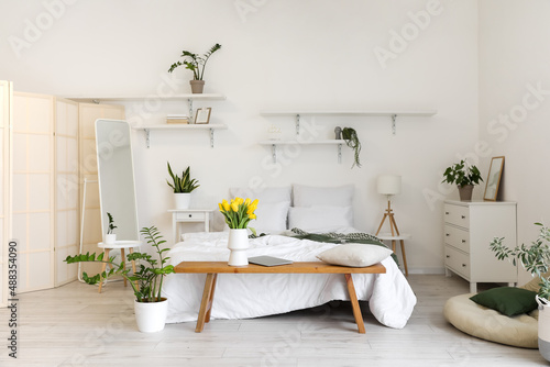 Interior of light bedroom with houseplants and tulips in vase