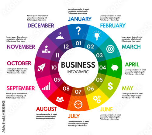 12 months or steps circle diagram, whole year business plan or project timeline, colorful vector infographic