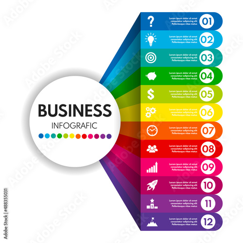 12 options business infographic, steps to success, colorful vector illustration