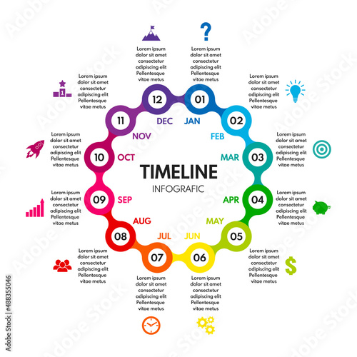 12 months or steps round diagram, whole year life plan or repeated cycle timeline, colorful vector infographic