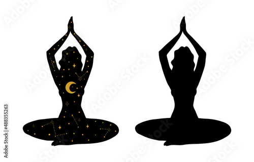 Meditating girl with space and moon inside, black silhouette, set. Mystical esoteric symbol for yoga, tantra, tarot. Vector illustration isolated on white background.