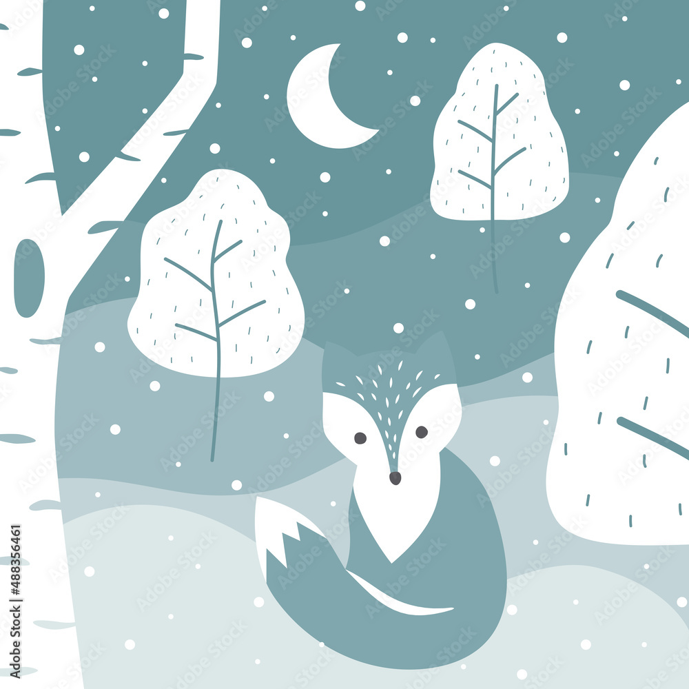 Winter scene with arctic fox and trees. Magic forest snowing vector illustration.