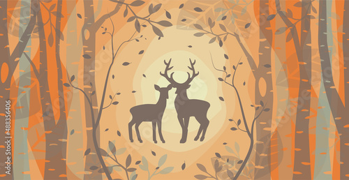 Deer and doe in autumn forest picture. Magic fall woods scene landscape illustration.