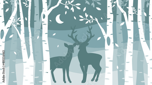 Deer and doe in winter forest picture. Magic night woods scene landscape illustration.