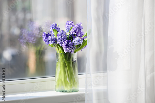 Vase with beautiful hyacinth flowers on windowsill