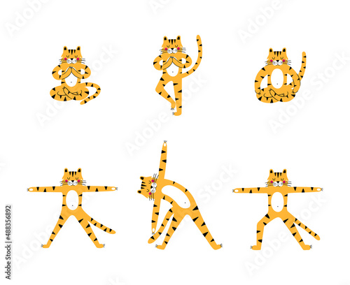 Set of tigers doing yoga illustrations