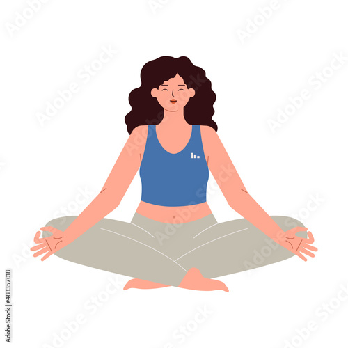 Woman plus size meditating in lotus pose.Body positive concept.Lady overweight practices breath exercises sitting in asana.Flat cartoon character.Relaxation training.Isolated.Vector illustration