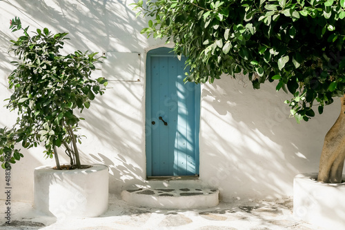 Old blue door with green trees on Santorini island, Greece