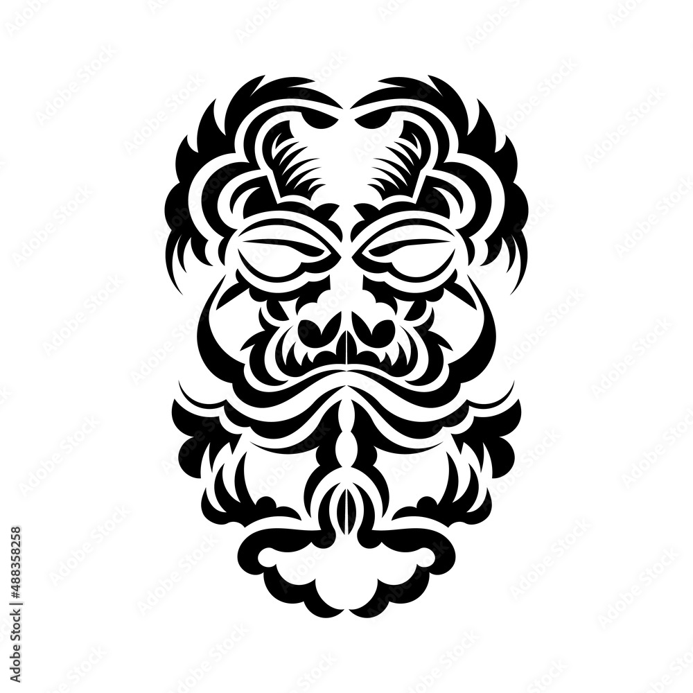 Fototapeta premium Black and white Tiki mask. Traditional decor pattern from Polynesia and Hawaii. Isolated. Flat style. Vector.