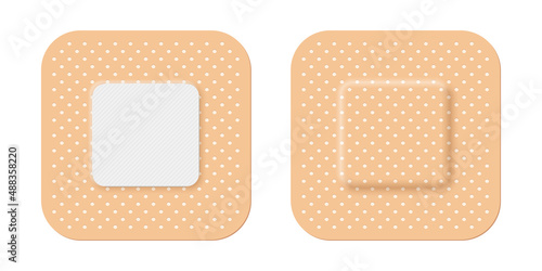 Adhesive bandage set of square shape, 3d realistic band aid, back and front view