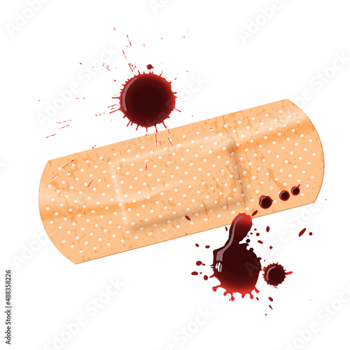 Band aid with falling blood drops from cut wound, realistic 3d bloody stain on bandage