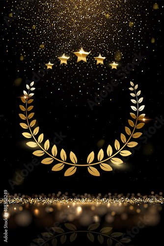 Gold laurel wreath, stars and falling glitter, realistic award, golden confetti rain