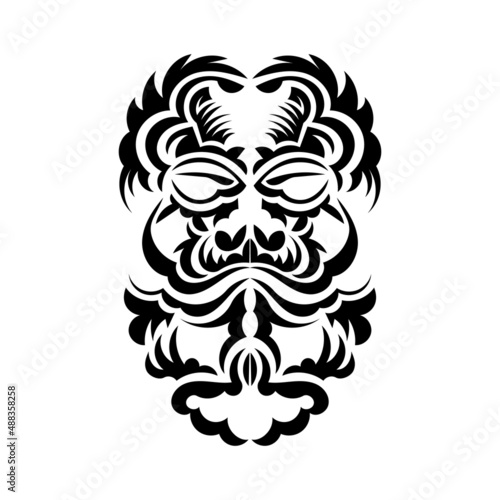 Black and white Tiki mask. Traditional decor pattern from Polynesia and Hawaii. Isolated. Flat style. Vector.