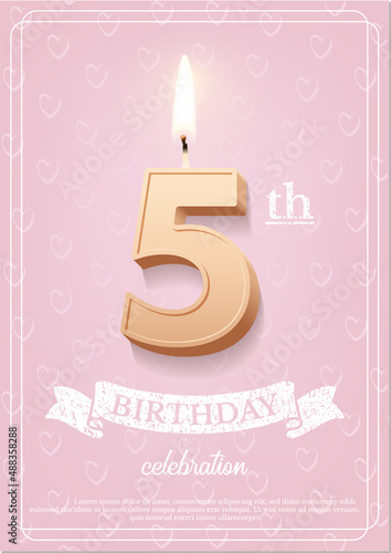 Burning number 5 birthday candle with vintage ribbon and birthday celebration text on textured pink background in postcard format. Vector vertical fifth birthday invitation template.