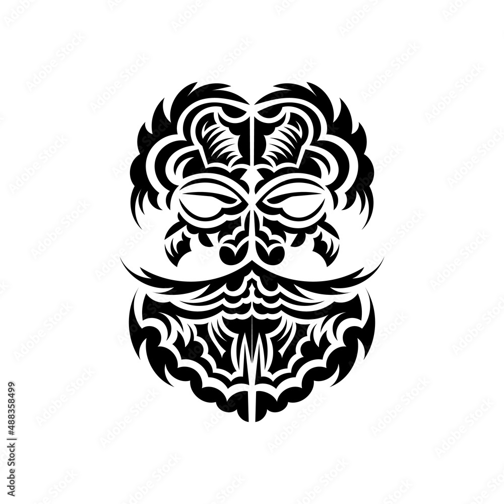 Fototapeta premium Black and white Tiki mask. Traditional decor pattern from Polynesia and Hawaii. Isolated on white background. Ready tattoo template. Vector.