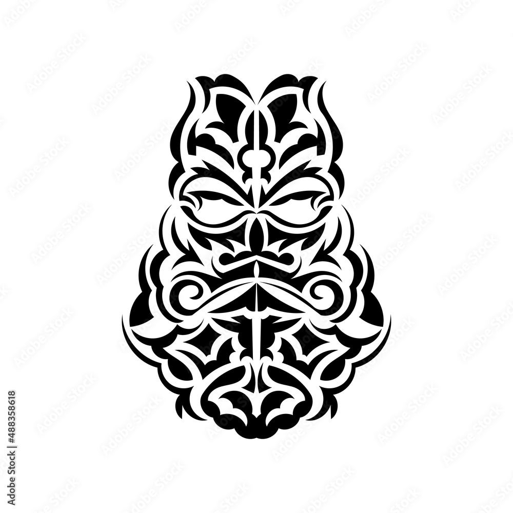 Black and white Tiki mask. Native Polynesians and Hawaiians tiki illustration in black and white. Isolated. Tattoo sketch. Vector illustration.