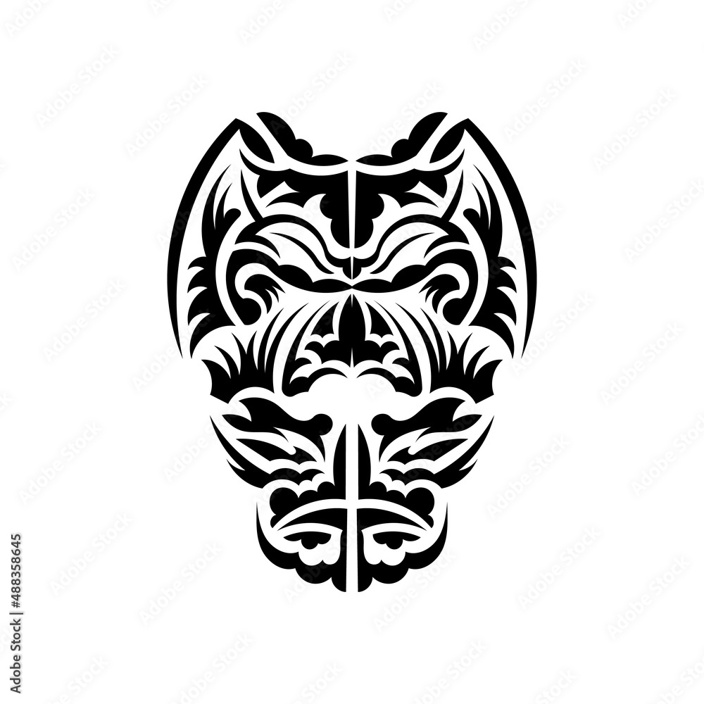 Black and white Tiki mask. Native Polynesians and Hawaiians tiki illustration in black and white. Isolated. Ready tattoo template. Vector. Black and white Tiki mask. Native Polynesians and Hawaiians tiki illustration in black and white. Isolated. Ready tattoo template. Vector.