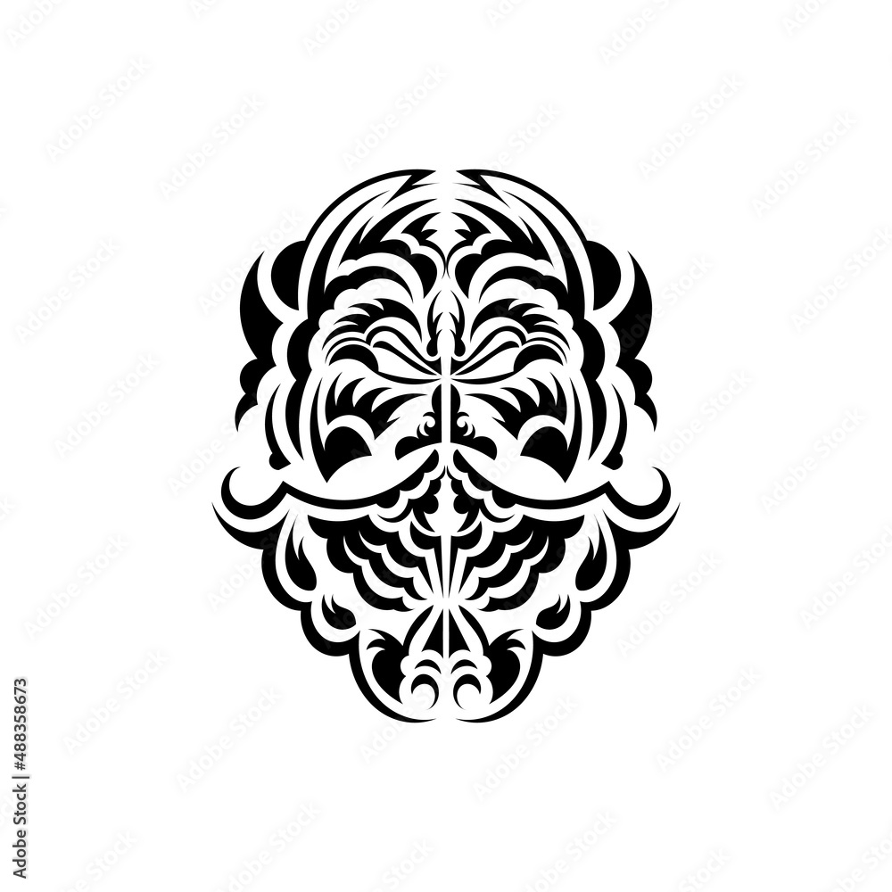 Black and white Tiki mask. Native Polynesians and Hawaiians tiki illustration in black and white. Isolated. Ready tattoo template. Vector illustration.