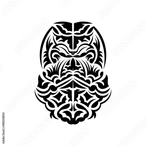 Black and white Tiki mask. Frightening masks in the local ornament of Polynesia. Isolated. Tattoo sketch. Vector.