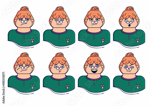 Teacher facial expressions. Cute girl with various emotions vector flat illustration.