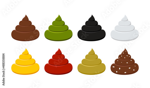 Poop color shades excrement stool cartoon icon set isolated on white background. Normal brown heap of shit and abnormal green, black faeces. Flat design vector clip art baby or dog poo illustration.