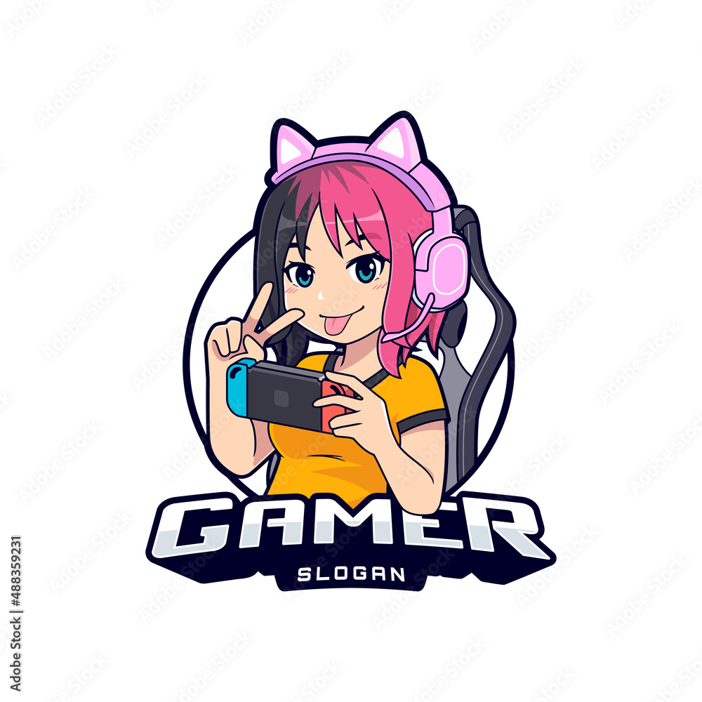 Cute anime gamer girl logo vector illustration Stock Vector | Adobe Stock