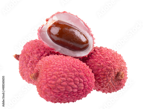 Lychee fruit isolated on white background. Tropical exotic fresh ripe fruit. Litchi chinensis. Clipping path.