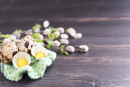 Quail eggs on a knitted light green napkin, willow branches with copy space on the wooden background. Easter concept. Flat lay