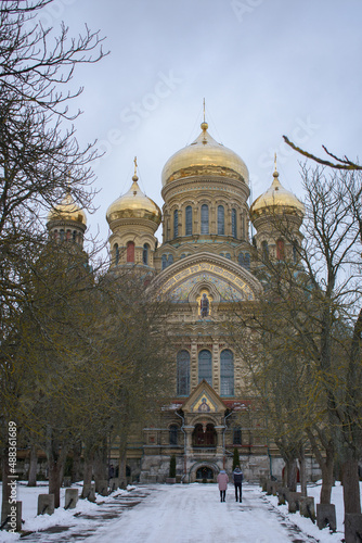 The St. Nicholas Naval Cathedral in Karosta, Liepaja at winter. Russian Orthodox cathedral with golden domes.