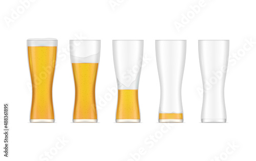 Collection tall glasses with beer full and empty realistic vector glassware filling lager foam