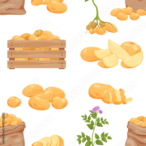 Potatoes farming products seamless pattern vector flat illustration. Seasonal potato harvest