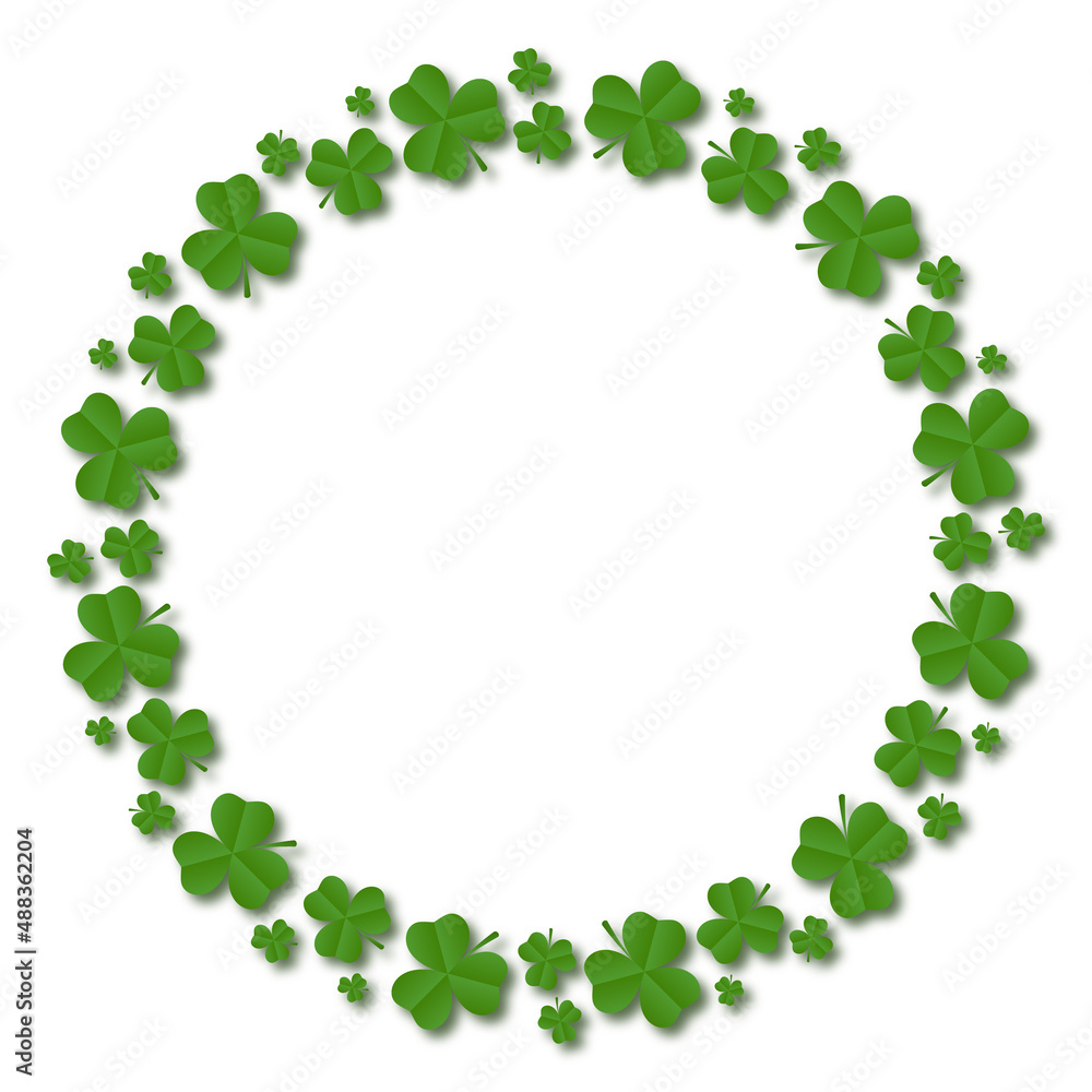 Round frame of shamrocks. Wreath made from confetti clovers. Decorative element for St. Patrick's Day design. Vector illustration