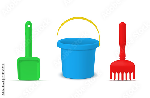 Childish sandbox toys collection realistic vector illustration blue baby bucket, shovel and rake