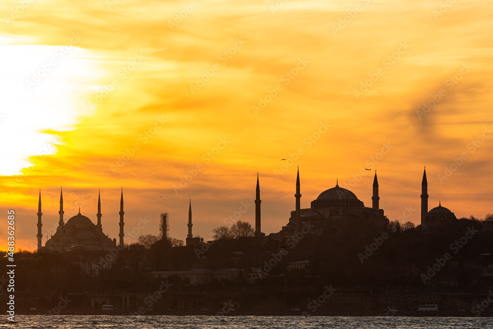 Istanbul landscape. Sunset over Istanbul Silhouette. View of Hagia Sophia and Blue Mosque. Sunset over the dome of Hagia Sophia.