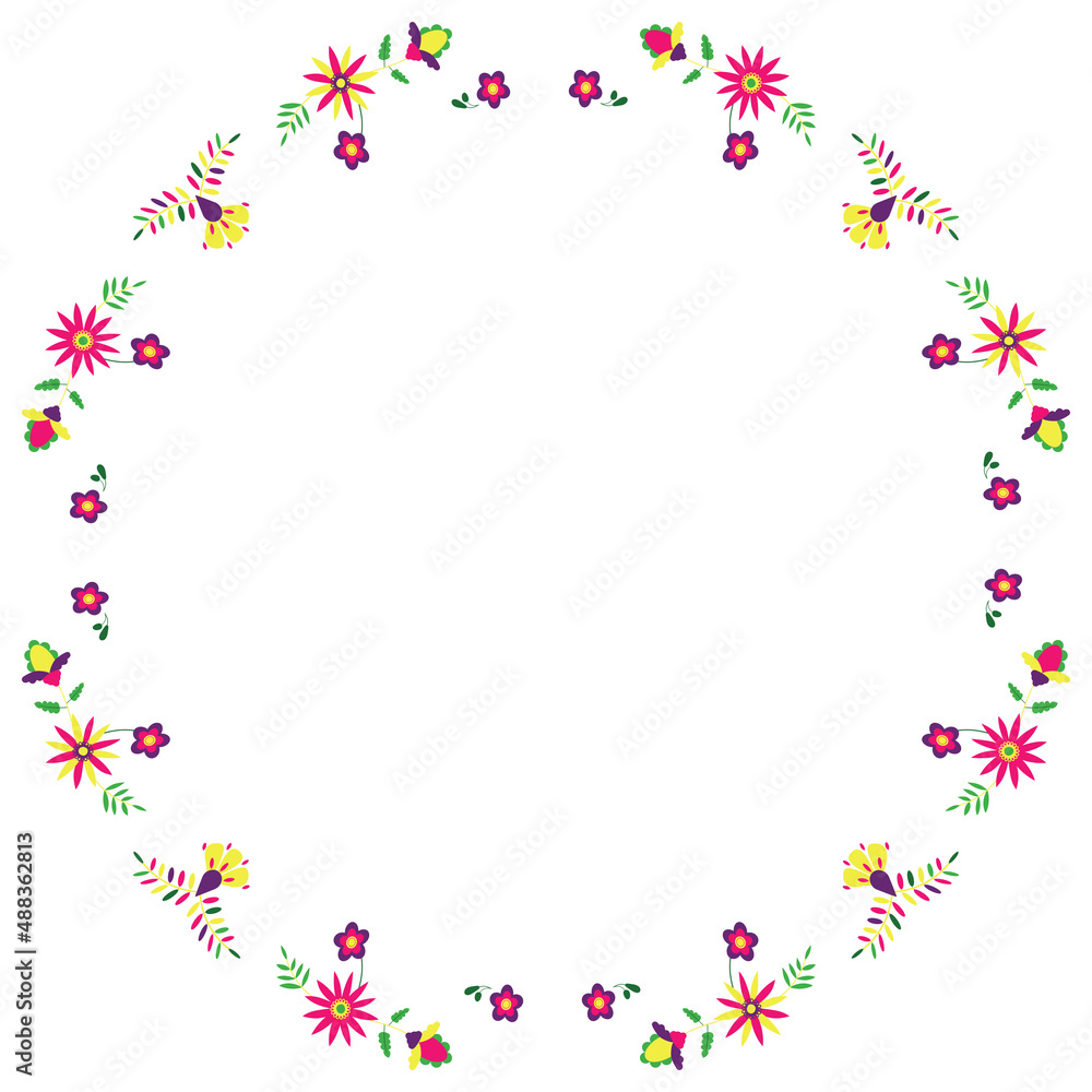 Floral frame in the style of Mexican embroidery. Round border with flowers. Otomi Tenango needlepoint design.