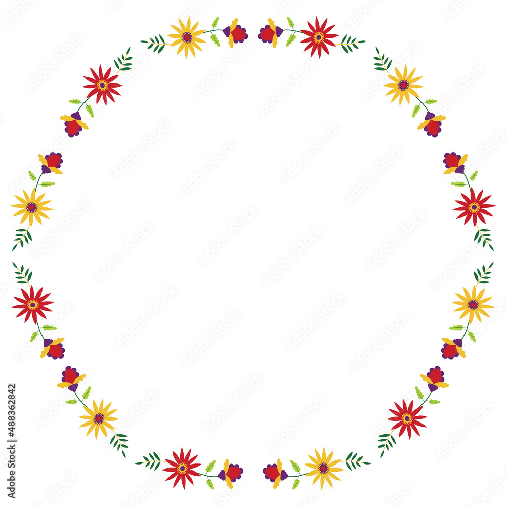 Round frame in mexican embroidery Otomi Tenango style. Floral border.