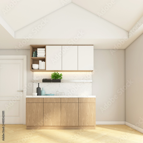 Εκτύπωση καμβά Kitchenette with built-in counters and wood cabinet. 3D rendering