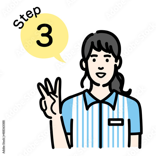 ステップ3 手順について説明をしているコンビニ店員の若い女性  © トワトワ