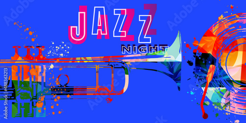 Jazz night music poster for live concert events, music festivals and shows banner, party flyer. Trendy and colorful invitation for jazz club vector illustration with trumpet and vinyl record disc