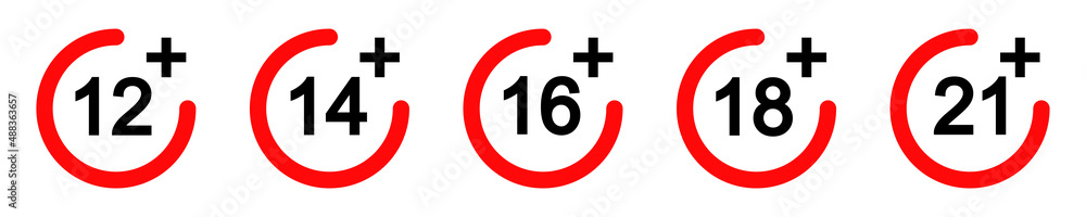Set of age restriction signs on white background. 12, 14, 16, 18, 21 plus icons set. Adults content icons. Set of age restriction signs on white background. 12, 14, 16, 18, 21 plus icons set. Adults content icons.