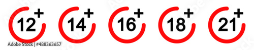 Set of age restriction signs on white background. 12, 14, 16, 18, 21 plus icons set.  Adults content icons.