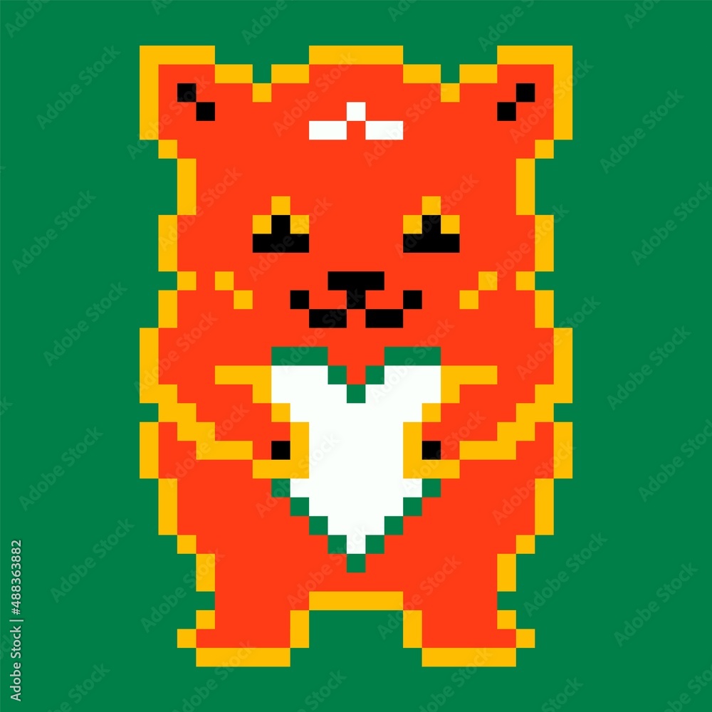 Fototapeta premium Abstract pixel bear. Modern cute pixel animal holding heart. Retro colorful art 90th video game style. Vector illustration