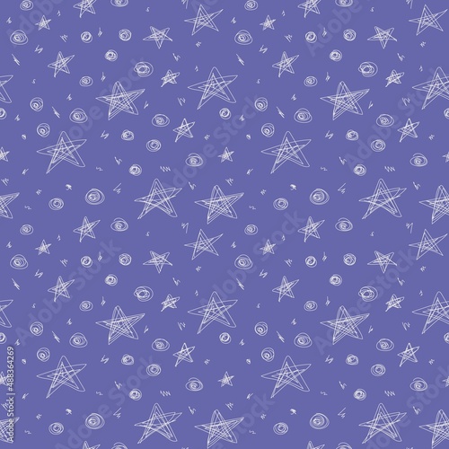 Seamless Pattern with Stars on a Blue Background. A Simple Drawing in a Linear Style.